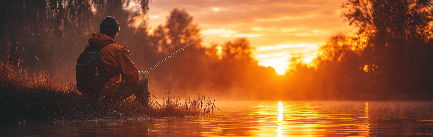 Angler am ruhigen Fluss bei Sonnenaufgang, Nebel über dem Wasser – Naturerlebnis, Entspannung und Outdoor-Hobby